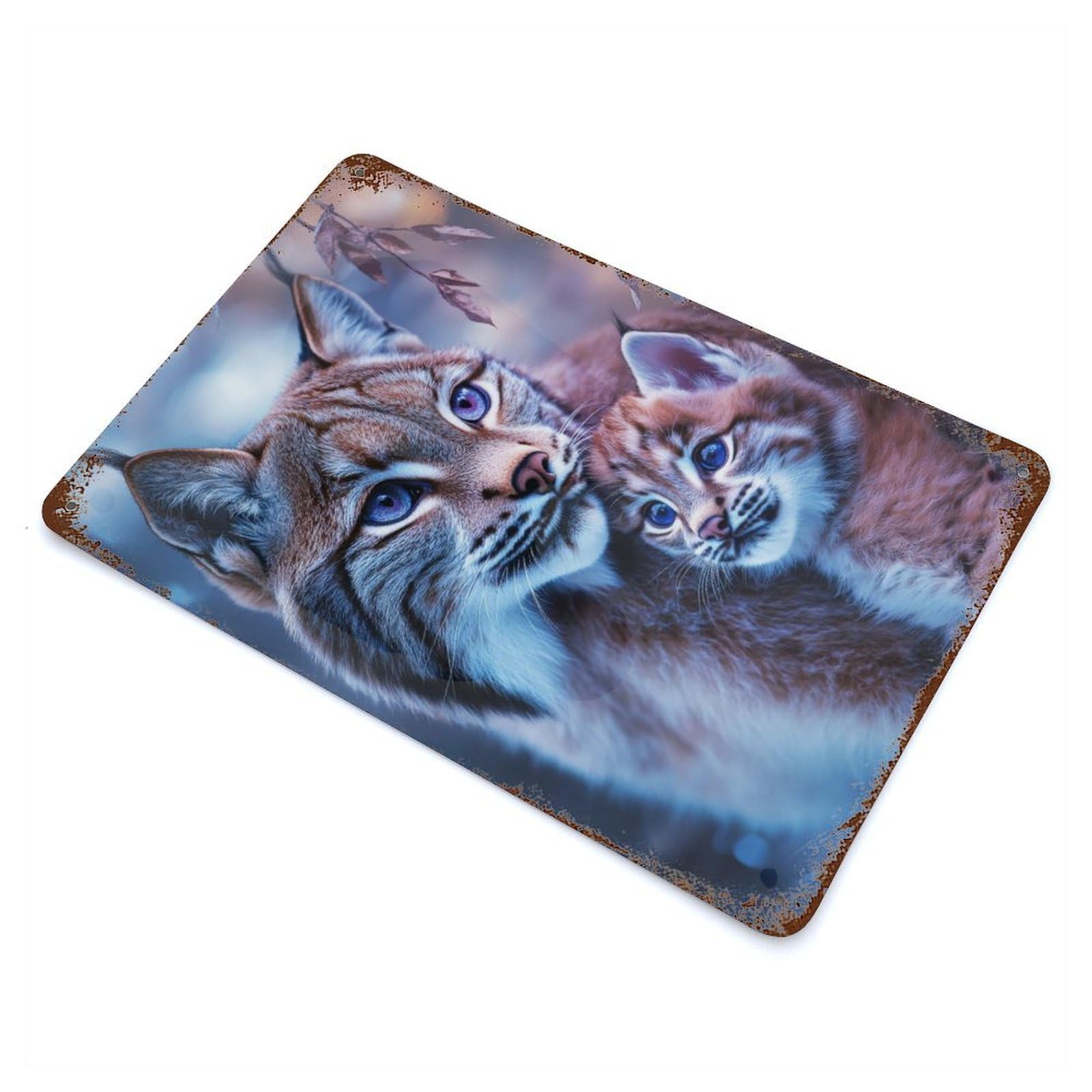 Lynx Mother And Cub 11.8"x7.9" Aged Metal Wall Plaque, Retro Wall Decor for Farmhouse, Kitchen And Entryway Decor
