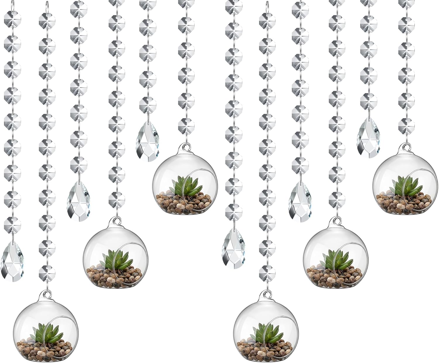 GlikCeil 112 Pcs 3.15'' Hanging Glass Tealight Holder Globe with K9 Crystal Garland Strands,Teardrop Pendant Hanging Tealight Candle Holder Orbs Air Plant for Wedding Centerpiece Party Decor (Clear)