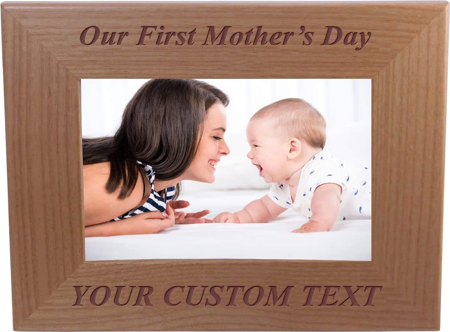 CustomGiftsNow Our First Mother's Day - Add Your Custom Text - Engraved Natural Alder Wood Hanging/Tabletop Picture Memory Family Photo Frame (5x7-inch Horizontal)