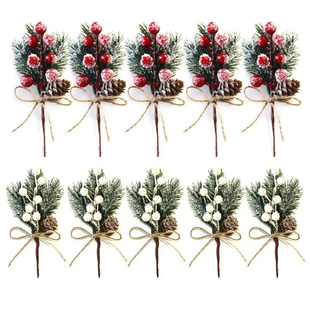 Bemvp 10pcs Artificial Berry Stems Pine Branches Christmas Red Berry Pine Cone Branch Christmas Diy Home Ornament