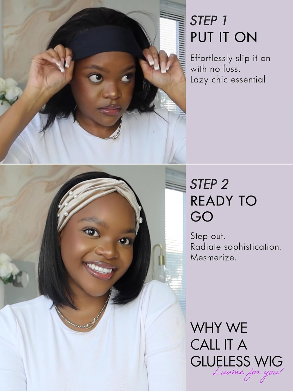 LUVME HAIR Bob Headband Wig Human Hair Ready to Go No Lace Glueless Short Straight Human Hair Wig with Head Band Beginners Friendly 12 Inch