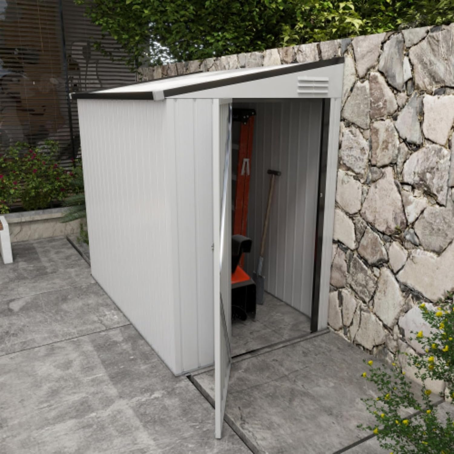 4' X 6' Yard Storage, Outdoor Storage Shed, Metal Storage Shed, Galvanized Metal Garden Tool Shed, Lockable Door and 2 Vents, Backyard, Bike, Patio, Garage, Lawn, White