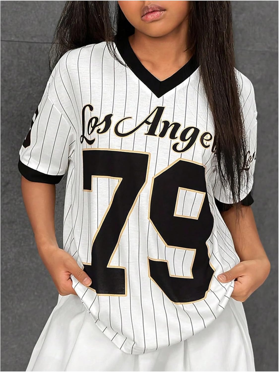 Girl's Jersey Shirt Number Letter Print Jerseys Summer Striped Sport Football Shirt V Neck Loose T Shirt - Image 3