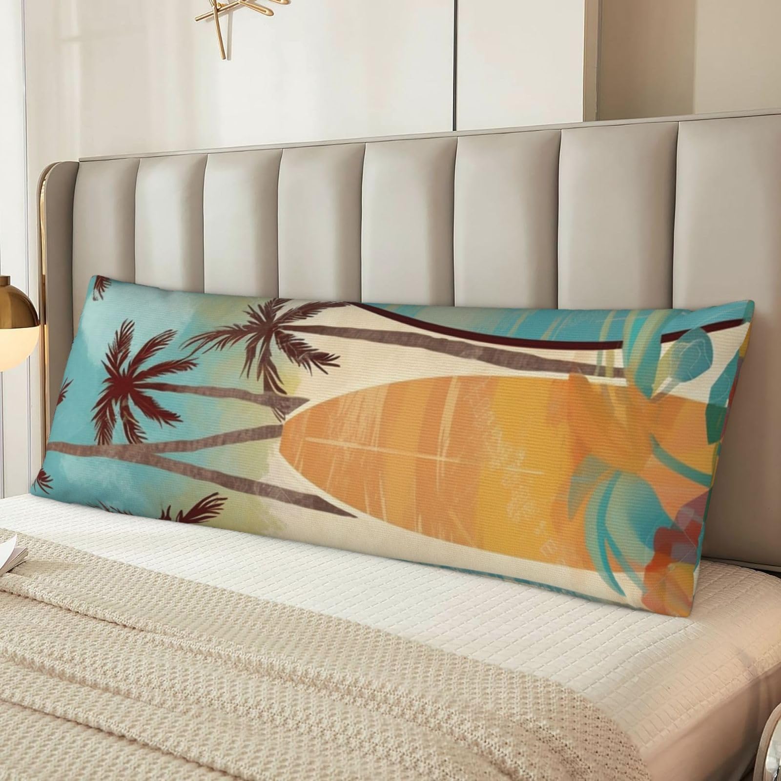 Surfboard Palm Tree Body Pillow Case Cover, Microfiber Long Pillow Cases, Ultra Soft and Cozy Plush Body Pillowcase Decorative Long Bed Pillow Cover for Sleeping 20x54 Inches