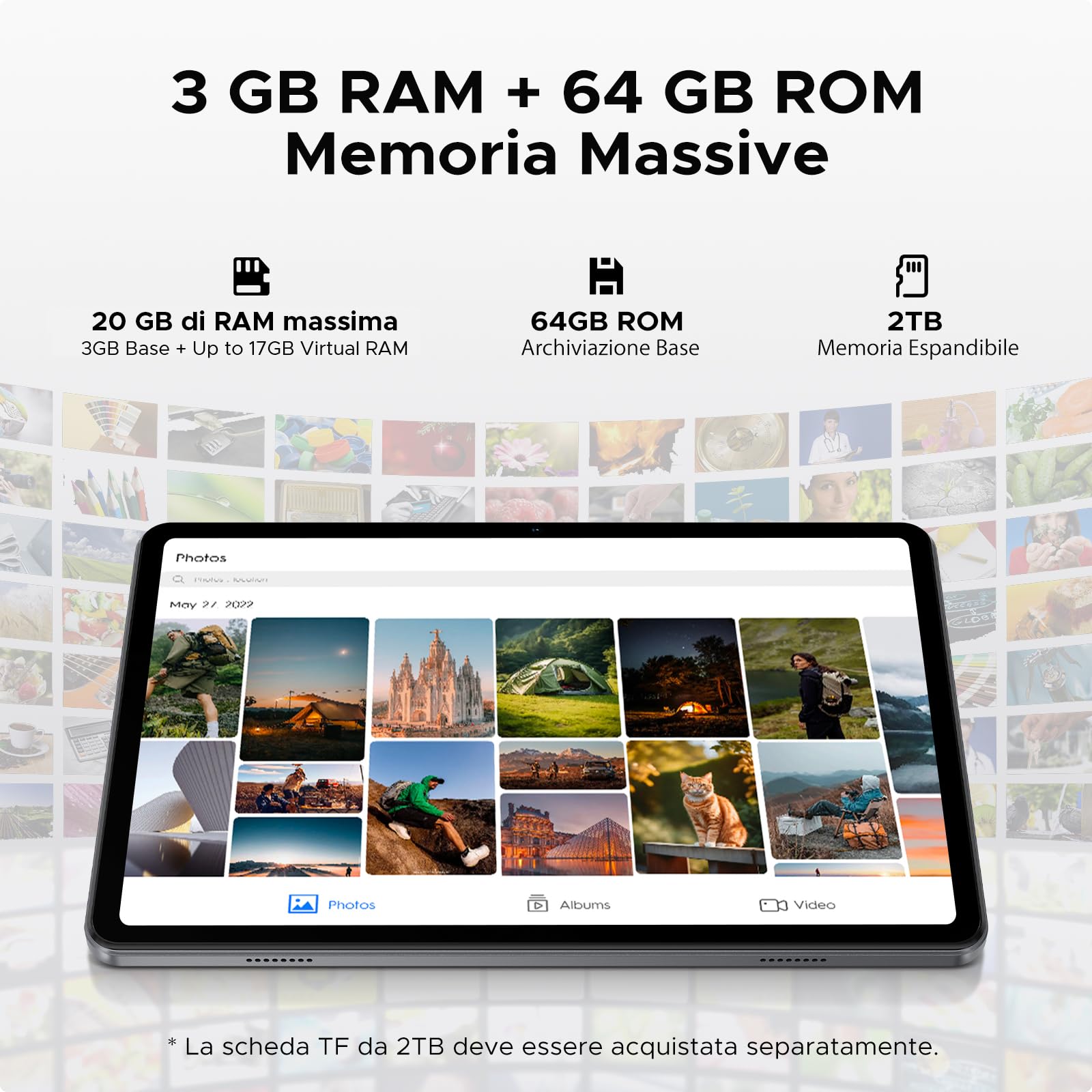 Tablet 10 Pollici 20 GB RAM 64 GB ROM Gemini AI 6580 mAh Unisoc T310 1280x800 IPS WiFi 5 Grigio