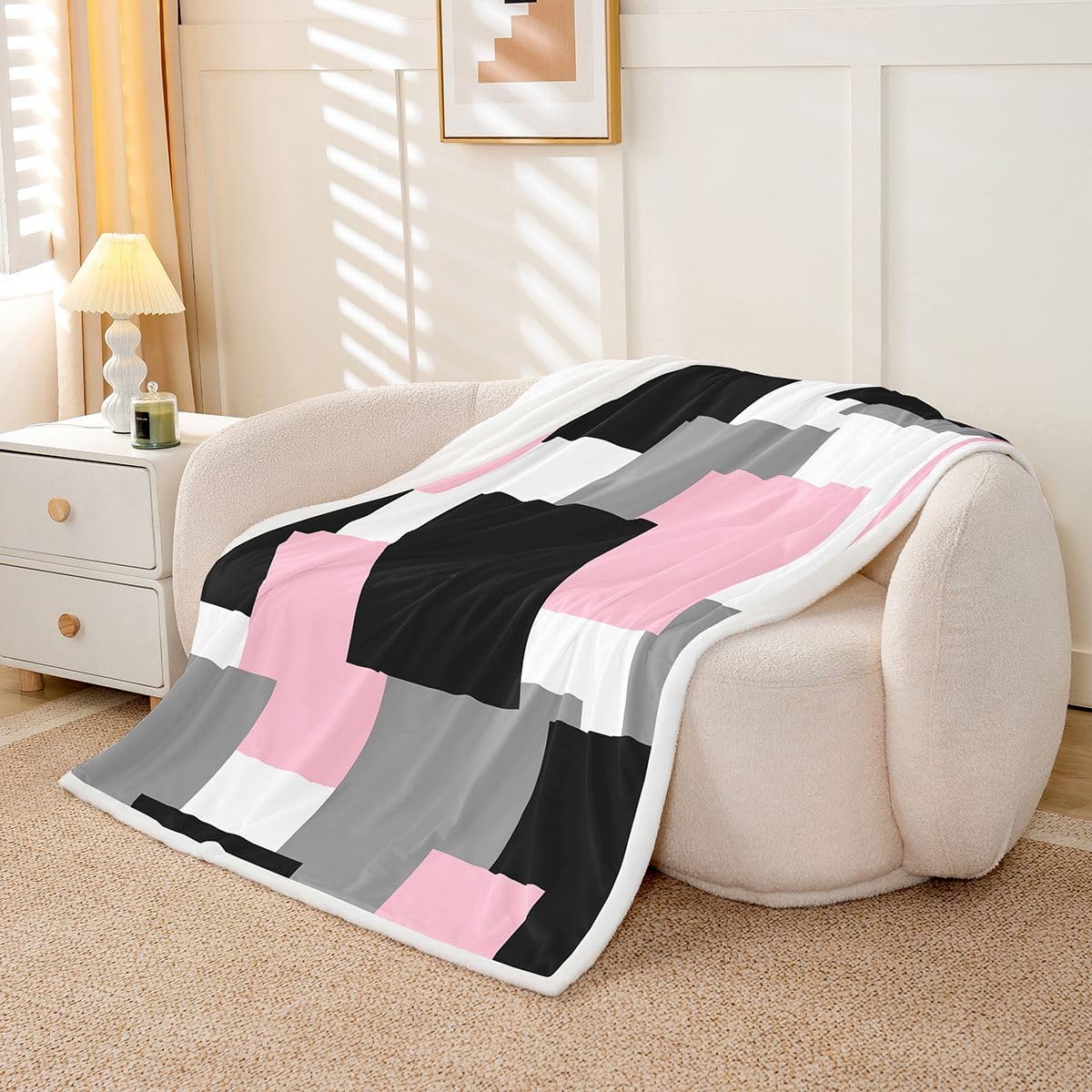 Castle Fairy Pink Grey Black Throw Blanket for Kids,Geometric Grid Square Splicing Fleece Throw Blanket for Bedroom Sofa Dorm Decor,Modern Abstract Art Lightweight Bed Blankets,40 x 50 Inches image 5