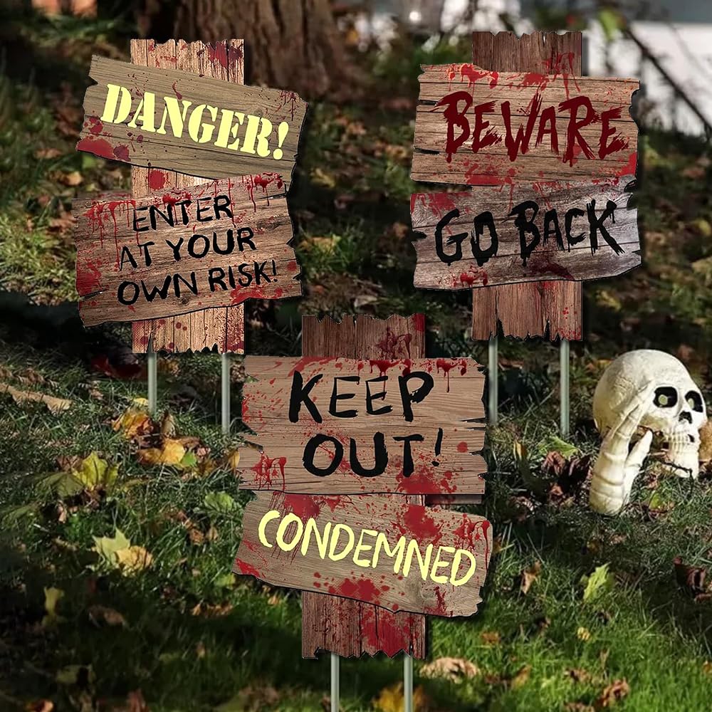 Tabliczki ostrzegawcze na Halloween, 3 sztuki, dekoracja na Halloween, dekoracja z horroru, Helloween, na imprezę, do użytku na zewnątrz, zestaw dekoracyjny ze szpikulcami do wbijania w ziemię,