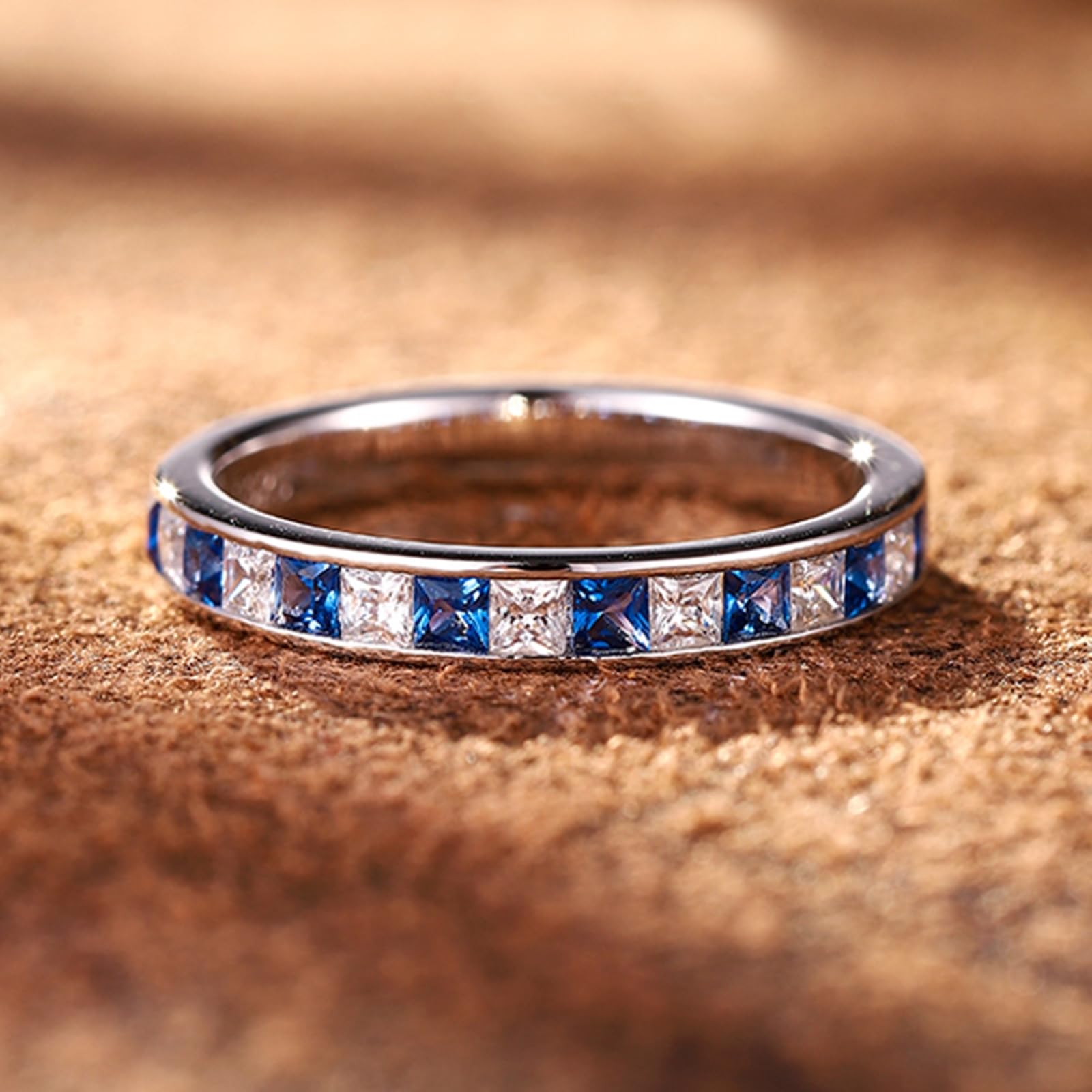 Anillo de boda de oro blanco, media eternidad, piedras preciosas, anillos de boda de oro real para mujer