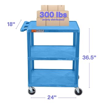 LUXOR BUSTC222BU Multipurpose Utility Cart with Three Flat Shelves, Ergonomic Push Handle, 300 lbs. Capacity, Blue