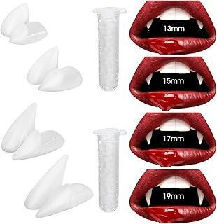 Vampire Fangs Teeth, Halloween Vampire Tooth Horror Fake Teeth with 2 Tube Teeth Adhesive Pellet Halloween Cosplay Party Fangs Props(4 Pairs, 13/15/17/19mm)