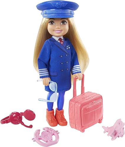 Barbie Chelsea Can Be Playset con muñeca rubia Chelsea Pilot (6 pulgadas), equipaje, auriculares, rueda de bañera, mini avión, gafas, gran regalo
