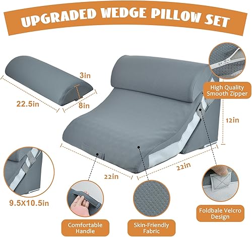 Miniatura 2 de Juego de 4 almohadas ortopédicas de cuña para cama, almohada de cuña de espuma viscoelástica con curva ajustable, cuñas de almohada para poscirugía,
