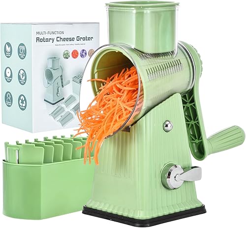 Xilrvna RotaryCheeseRator,VegetableShredder 5 en 1 Rallador de queso con mangoReforzadoSucción, EasytoClean,CocinaPicar picadoHielo,Frutas y nueces