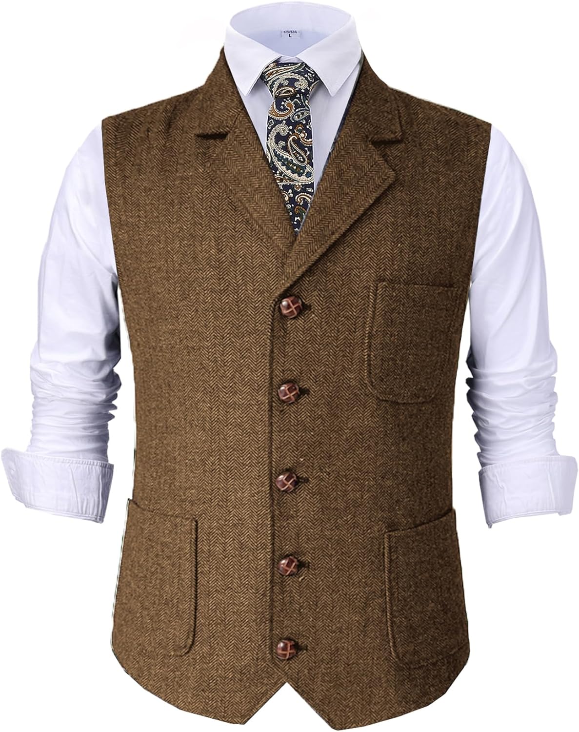 Mens Retro Suit Vest Tweed Wool Regular Fit Dress Waistcoat Herringbone for Jacket