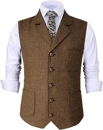 Tuikayoo Mens Retro Suit Vest Tweed Wool Regular Fit Dress Waistcoat Herringbone for Jacket