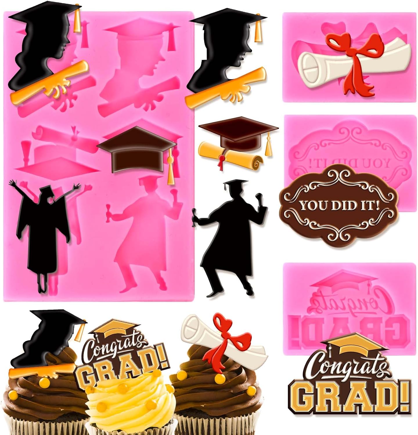 Whaline 4Pcs Graduation Fondant Molds Grad Cap Diploma