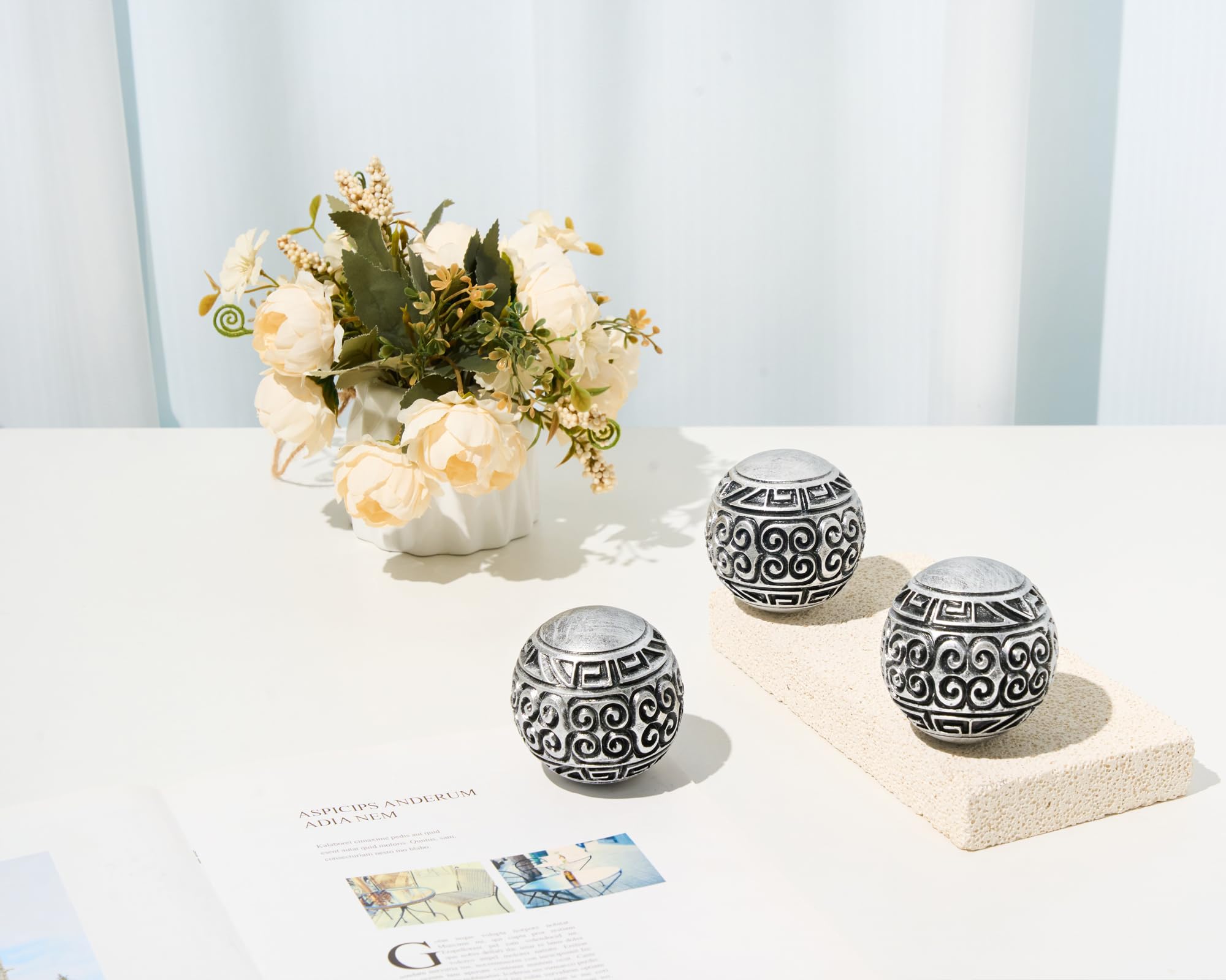 Artconal Feng Shui Orbs Ball for Bowls (Set of 3) Antique Silver Accent Resin 3 inch Decorative Sphere Balls for Bowl Fillers Home Living Room Decoration