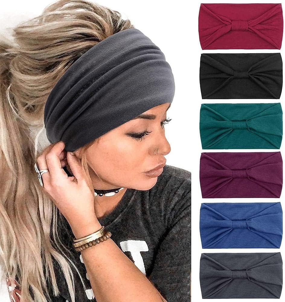 GoodernGoodern Solid Color Sports Yoga Headband,6 PCS Ladies Elastic Wide-Brimmed Headband Make up Running Sweatbands Headscarf Boho Knotted Turbans Hair Accessories Girls fashion Decorate Headdress-C