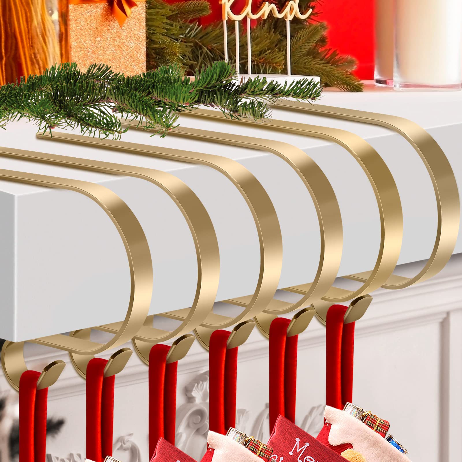 KMUYSL6 Pack Christmas Stocking Holders, Adjustable Stocking Mantle Hooks for Fireplace, Lightweight Stocking Hangers, Non-Skid Stocking Holders for Christmas Decoration (Gold)