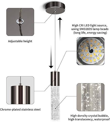 Miniatura 3 de OKELI Lámpara colgante moderna, lámpara LED de cristal de burbujas para isla de cocina, mini iluminación colgante individual negra para barra de
