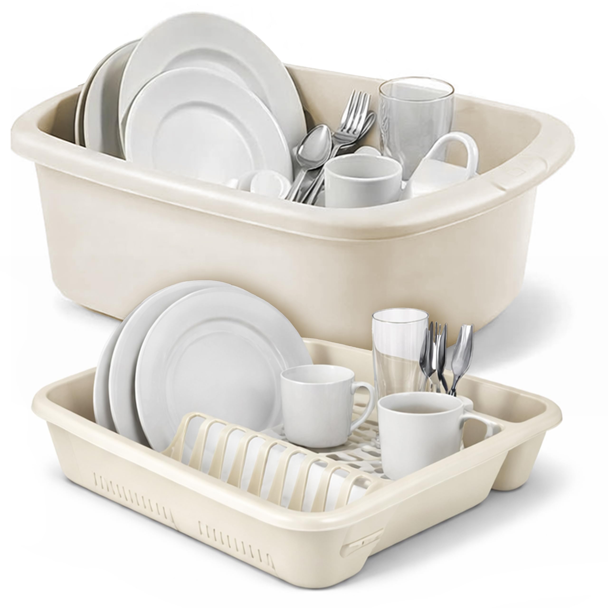 Ploutos World Wide Washing Up Bowl Set of 2 – Plastic Rectangular Plastic Sink Bowl with Dish Drainer, Kitchen Washing Basin, Sink Organiser for Plates, Cups & Cutlery (Cream)