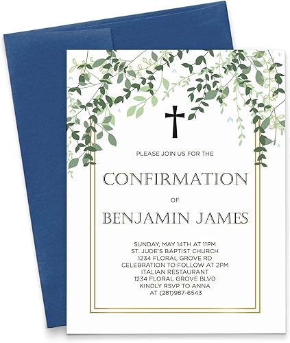 Miniatura 1 de Greenery Elegant Confirmation Invitations for Boys or Girls, Gold Frame, Your choice of Quantity and Envelope Color