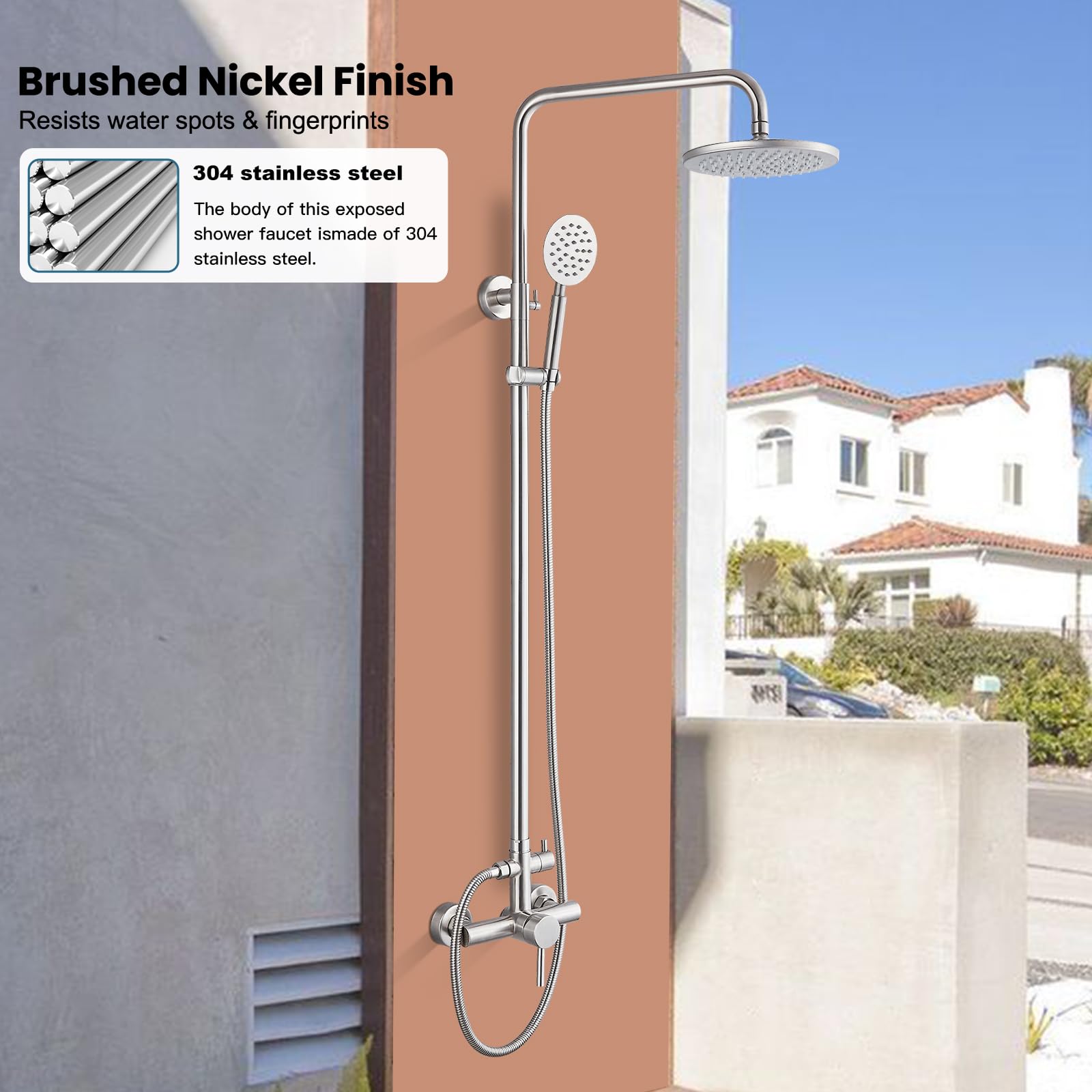 Système de Douche Pommeau de Douche en Nickel brossé, Ensemble de luminaires extérieurs, Robinet Mural à Effet Pluie en Acier Inoxydable SUS304 de 8 Pouces avec douchette Ronde, ba
