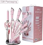 Kitchen Knife Set, Retrosohoo 9-Pieces Pink Sharp Non-Stick Coated Chef Knives Block Set,Stainless Steel Knife Set for Kitchen with Sharpener for Cutting Slicing Dicing Chopping