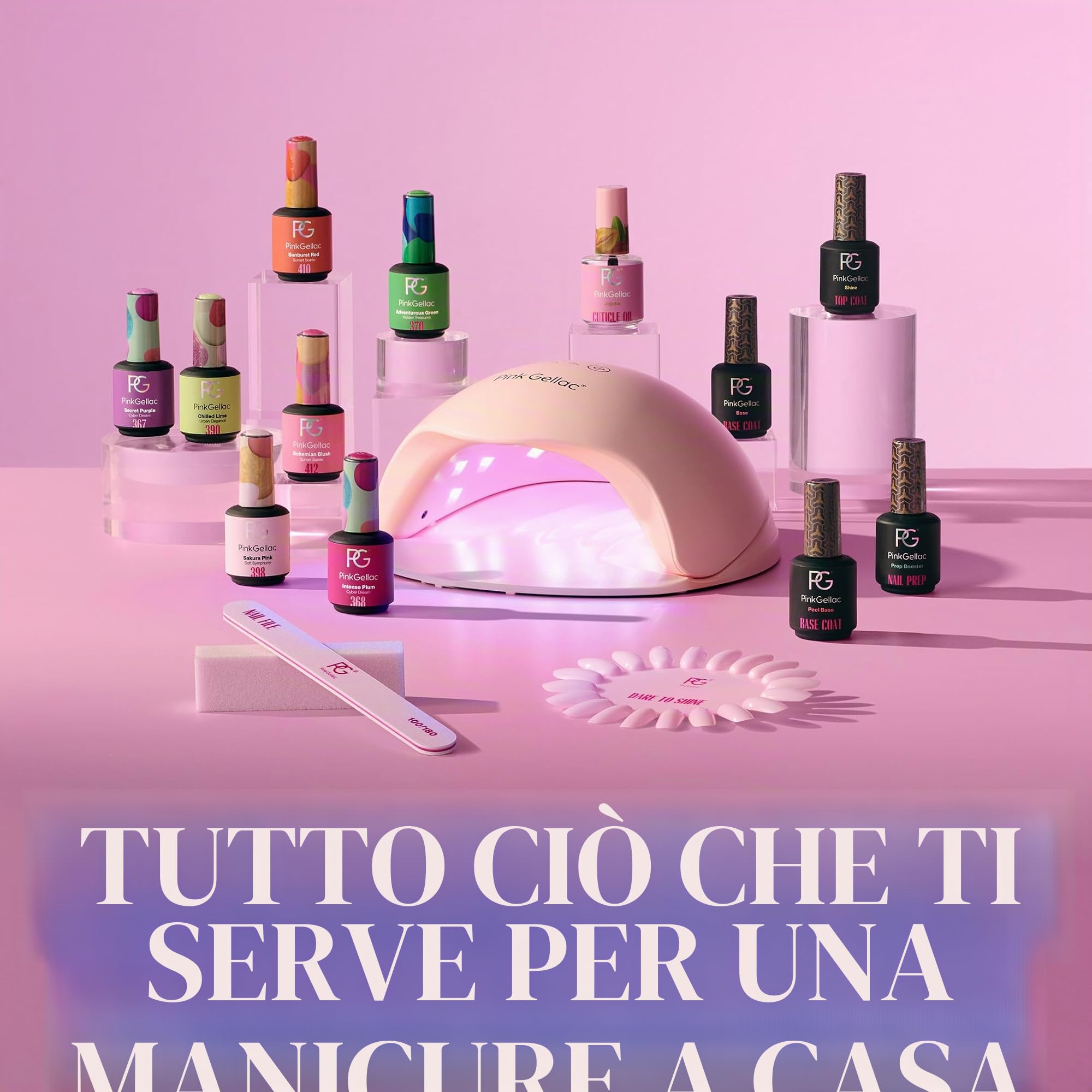 Pink Gellac Set per unghie in gel, set di smalti UV con lampada UV di alta qualità, rosa, 4 tonalità rosa da 15 ml, gel top coat e base coat, lima per unghie, solvente e detergente, unghie fai da te