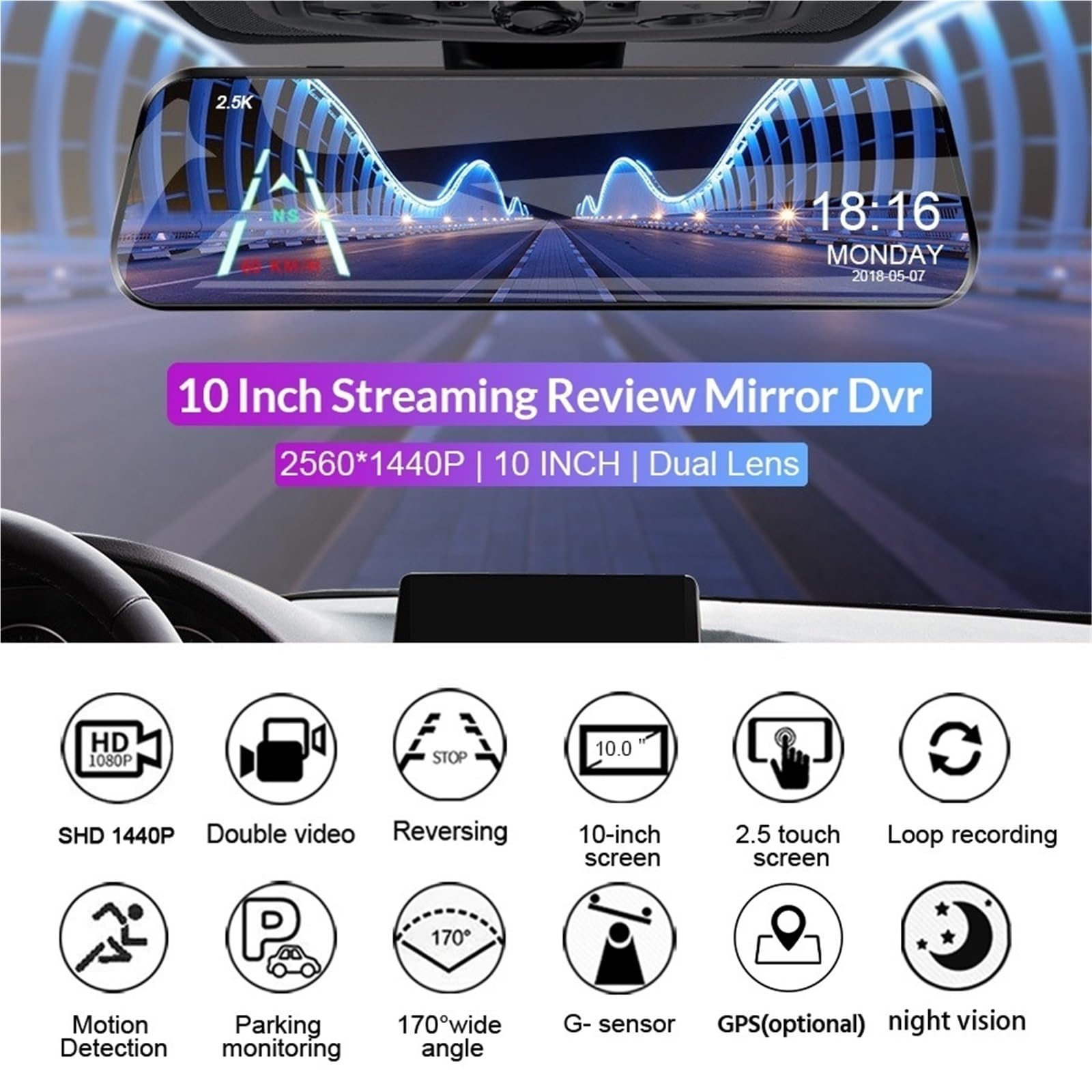 Cámara Delantera de visión Frontal Universal para 2.5K Espejo cámara Coche Pantalla táctil grabadora de vídeo retrovisor Dashcam(A37-6M RCC-BL,None)