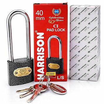 Harrison C I-LS-0323 Cast Iron Body and Mild Steel Long Shackle 3 pin with 3 Key Padlock for Traveling Box, Door, Shutter, Gates, Iron Grills, (Grey, Painted Finish)