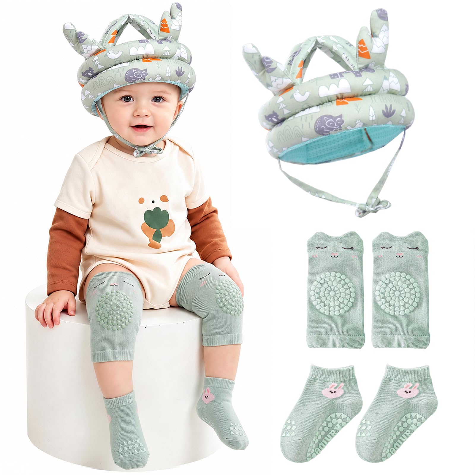 3-Piece Set Baby Head Protector with Knee Pads, Adjustable Breathable Safety HeadGuard for Crawling Walking, Lightweight Cotton Helmet for 8-36 Months Boys Girls (Green)