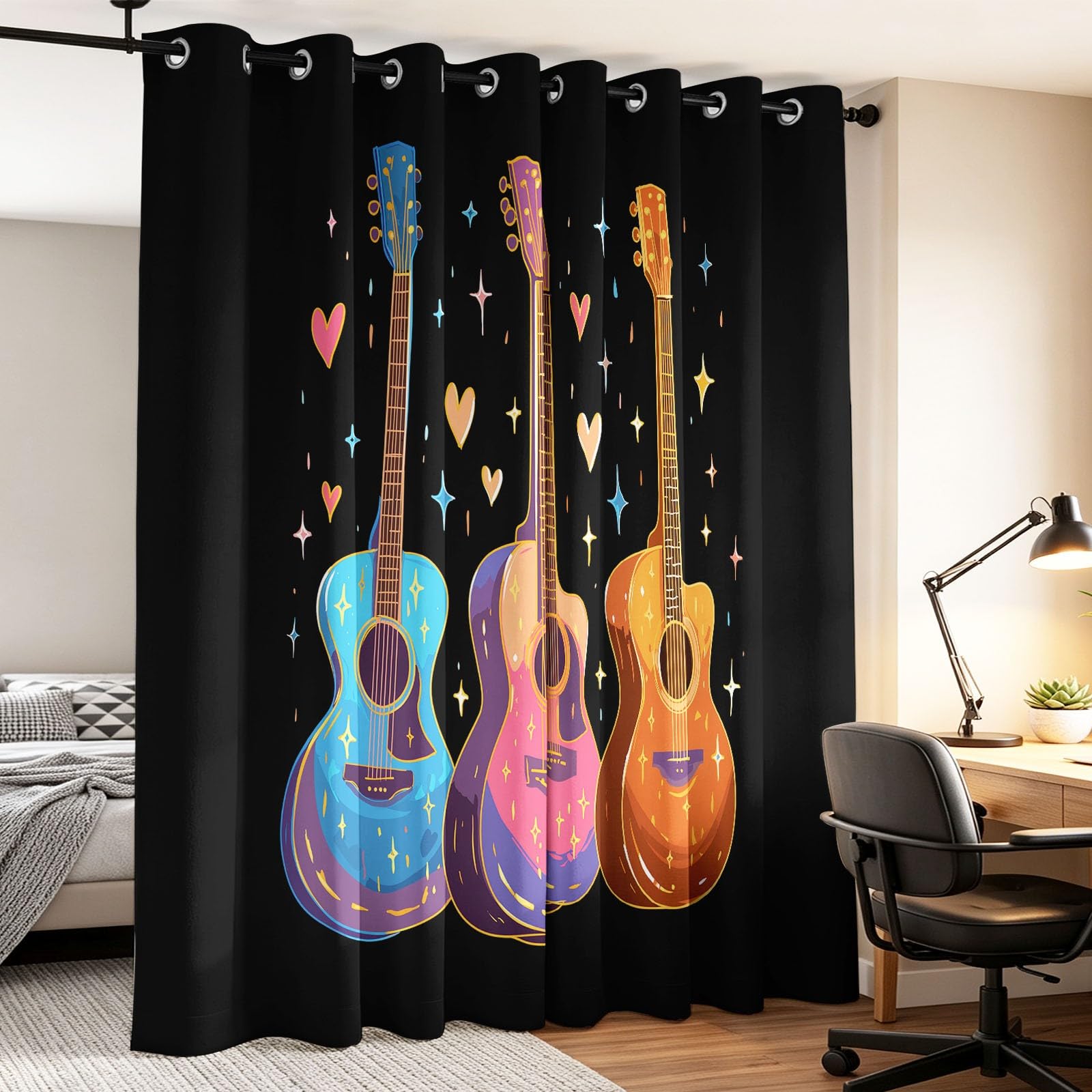 Generisch Pop Art - Cortinas opacas con ojales para guitarra, notas musicales, estrellas, térmicas, para habitación infantil, dormitorio, salón, juego de 2 unidades, 245 x 140 cm (alto x ancho)
