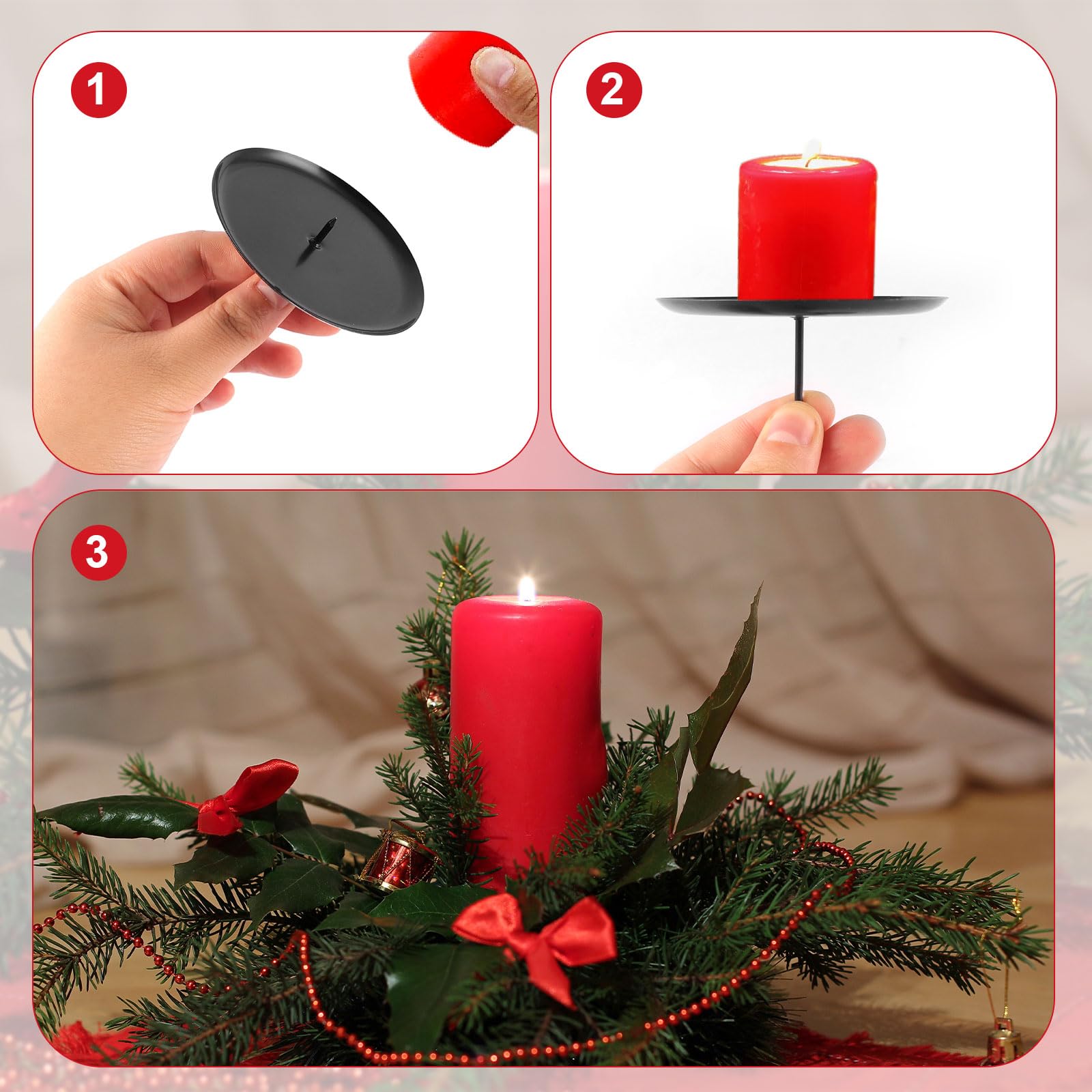 4Pcs Support Bougie en métal, Ø 8cm Bougeoir Noir pour Bougies de l'Avent, Assiette à Bougie Couronne de l'Avent avec épine, Décoration de Table de Noël, pour Décorer des Couronnes