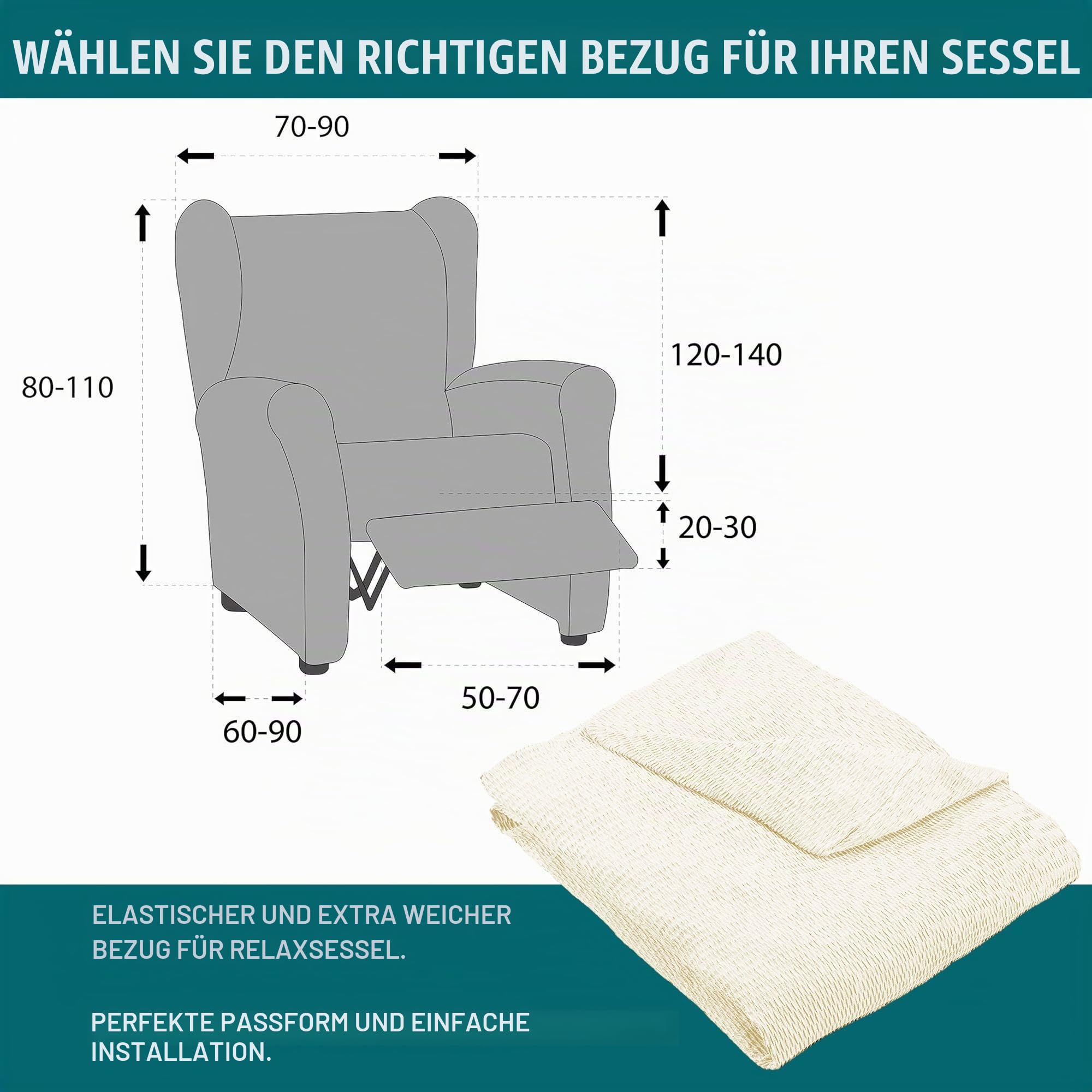 ECOMMERC3 Elastischer und extra weicher Bezug für Relaxsessel, elfenbeinfarben, verstellbar, 100% Made in Spain, Elfenbein