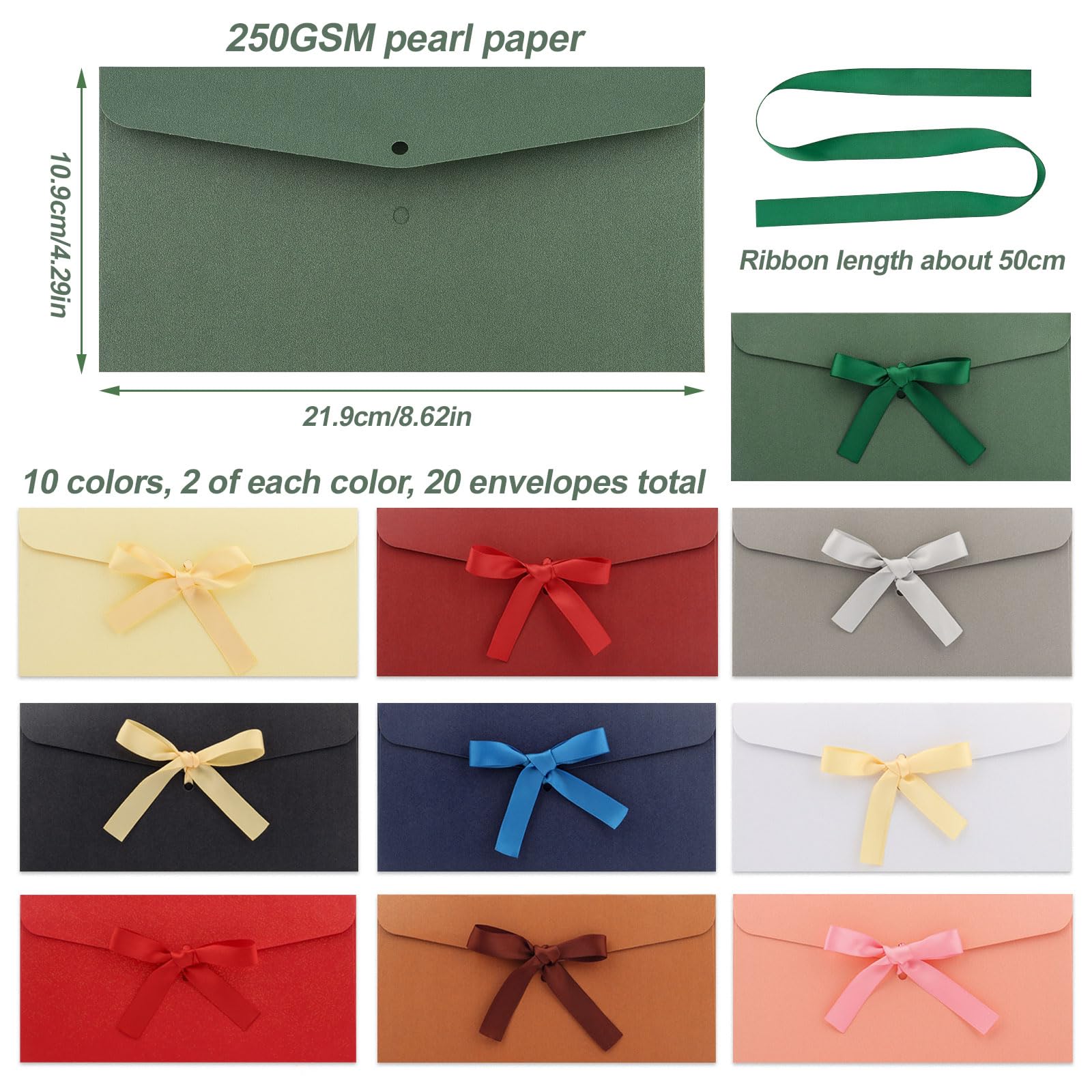 12 Stück Bunte Briefumschläge Mit Schleifen - Retro Kraftpapier 22x11cm | Für Geschenke & Karten