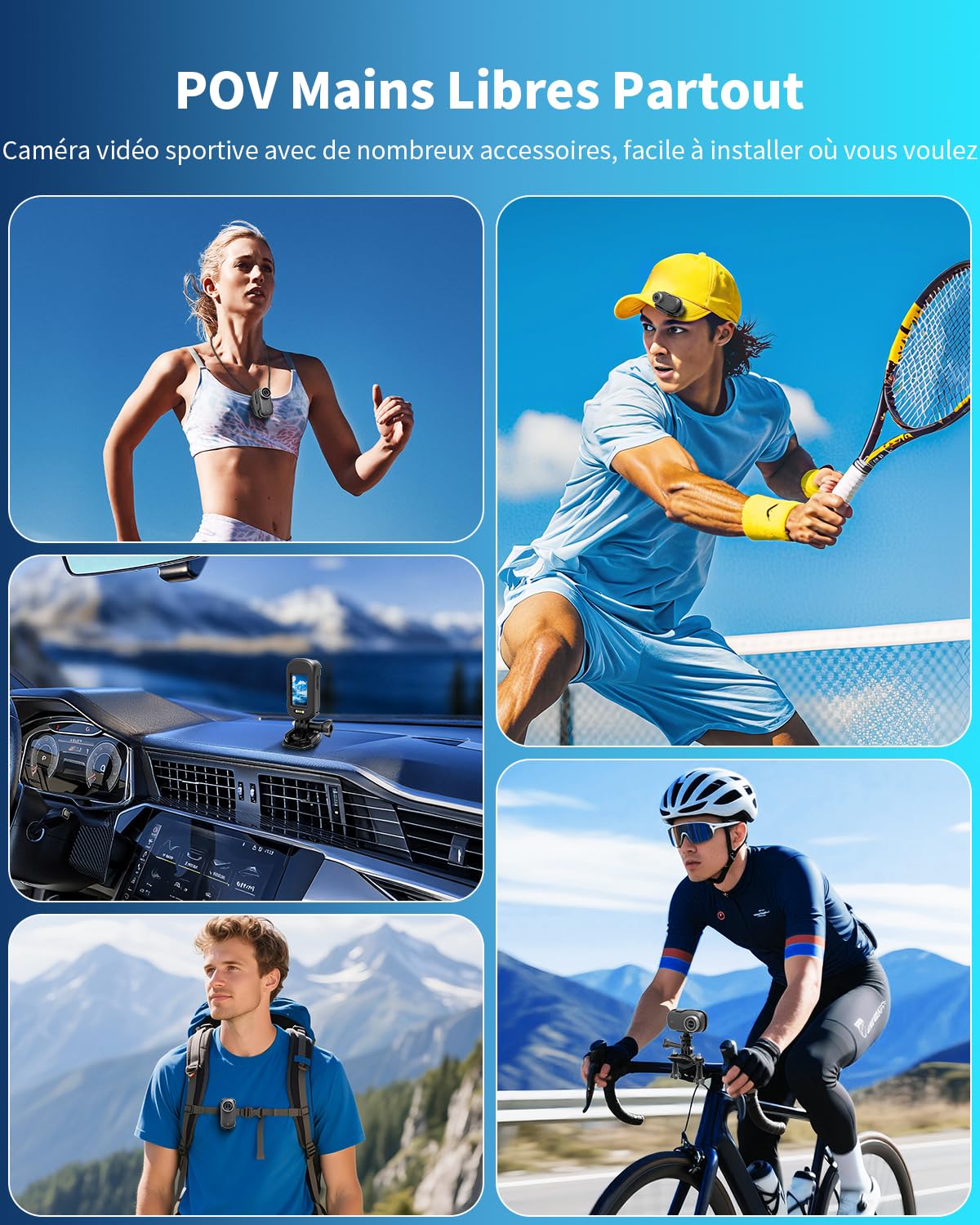 Caméra Sport 4K WiFi, 64GB Mini Caméra Cam, 150° Caméra d'action avec Écran Caméras Corporelles Vlog Camera Sportive Caméscope de Casque Moto Multifonction Accessoires