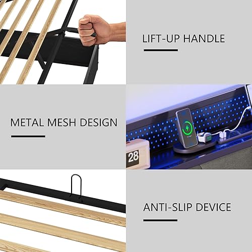 Miniatura 8 de LUXOAK Marco de cama de almacenamiento elevable tamaño King con luces LED, cabecera tapizada de lino con estación de carga, marco de cama de