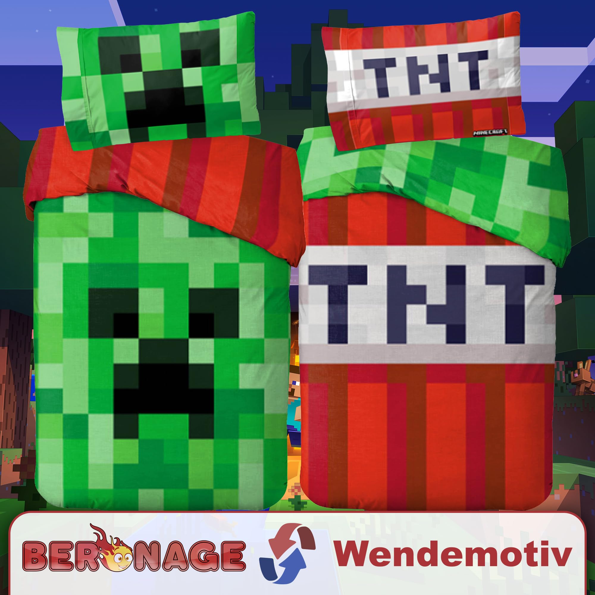 Minecraft Bettwäsche Creeper TNT 135x200 cm + 80x80 cm 100% Baumwolle Biber/Flanell Wendemotiv warm weich Kinderbettwäsche Jungen Mädchen Fanartikel YKK Reißverschluss Geschenk