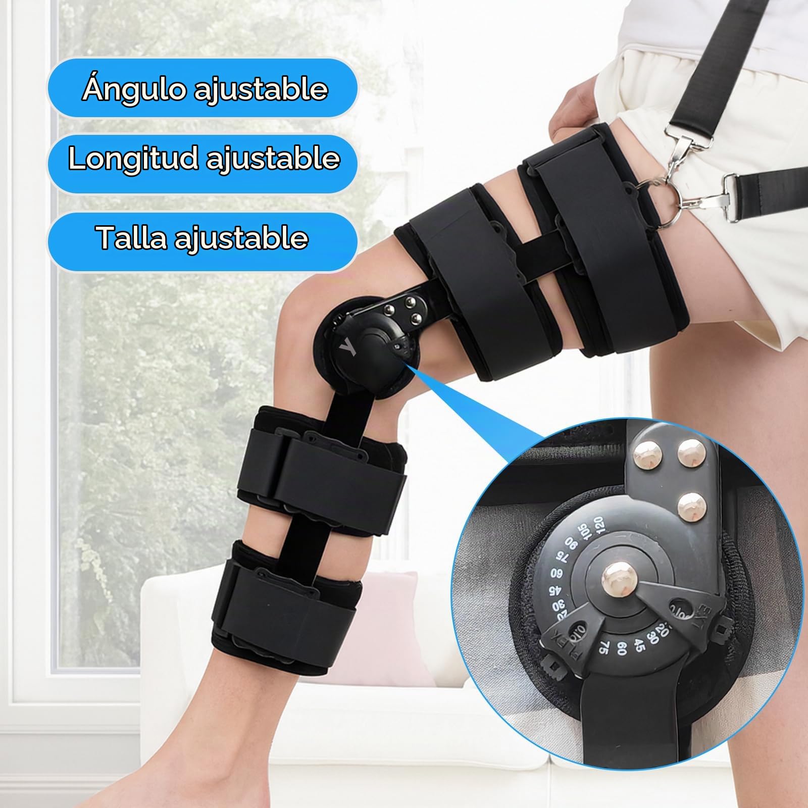 Rodillera Ajustable ROM Inmovilizador de rodilla con bisagras ROM Soporte De Rodilla Ajustable postoperatorio Inmovilizador de rodilla para hombres y mujeres(Viene con correa para el hombro)