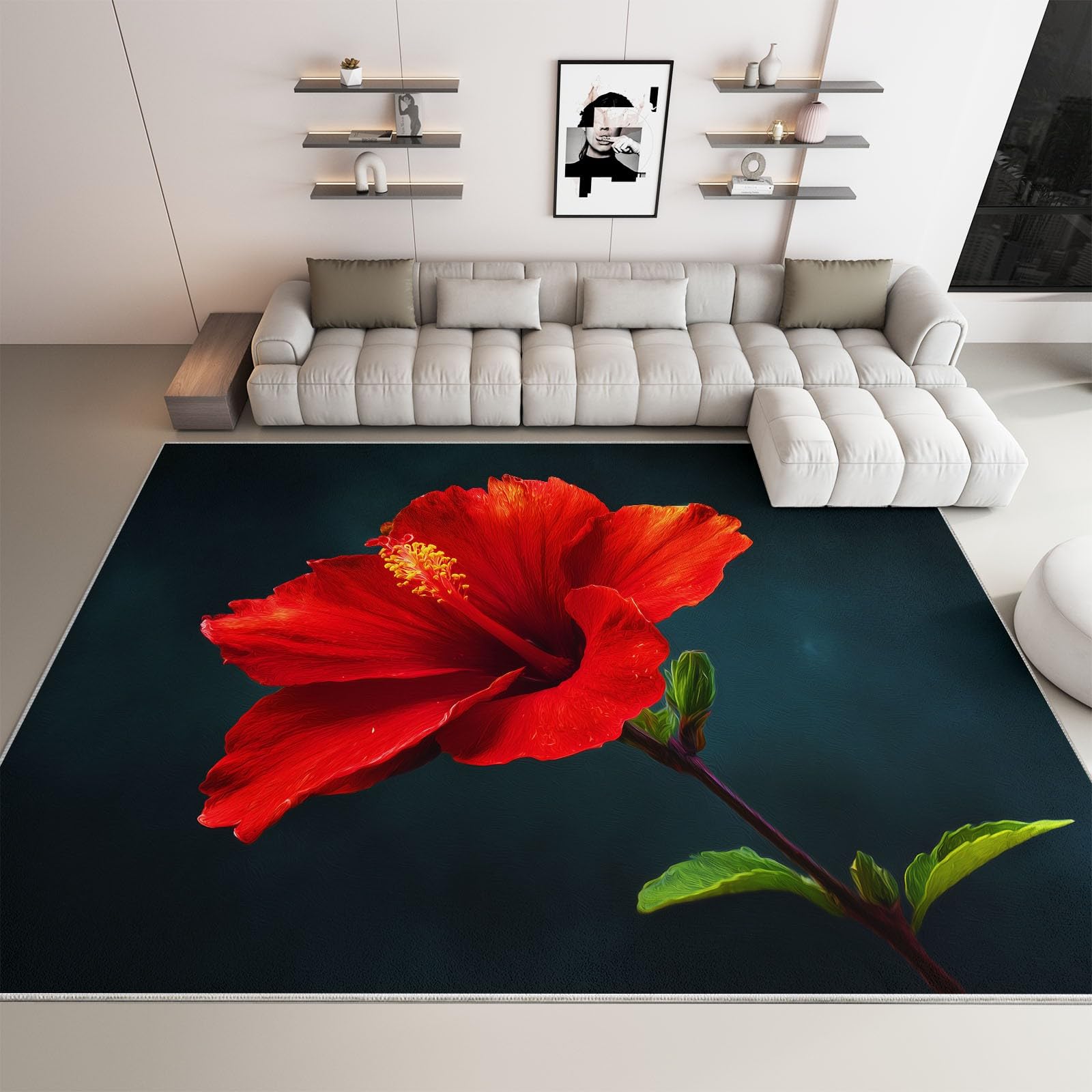 Genérico Dywan można prać w pralce 80 x 150 cm, antypoślizgowy i antypillingowy dywan rośliny czerwony hibiskus - dywan miękki surrealizm do salonu sypialni jadalni przedpokoju i kuchni