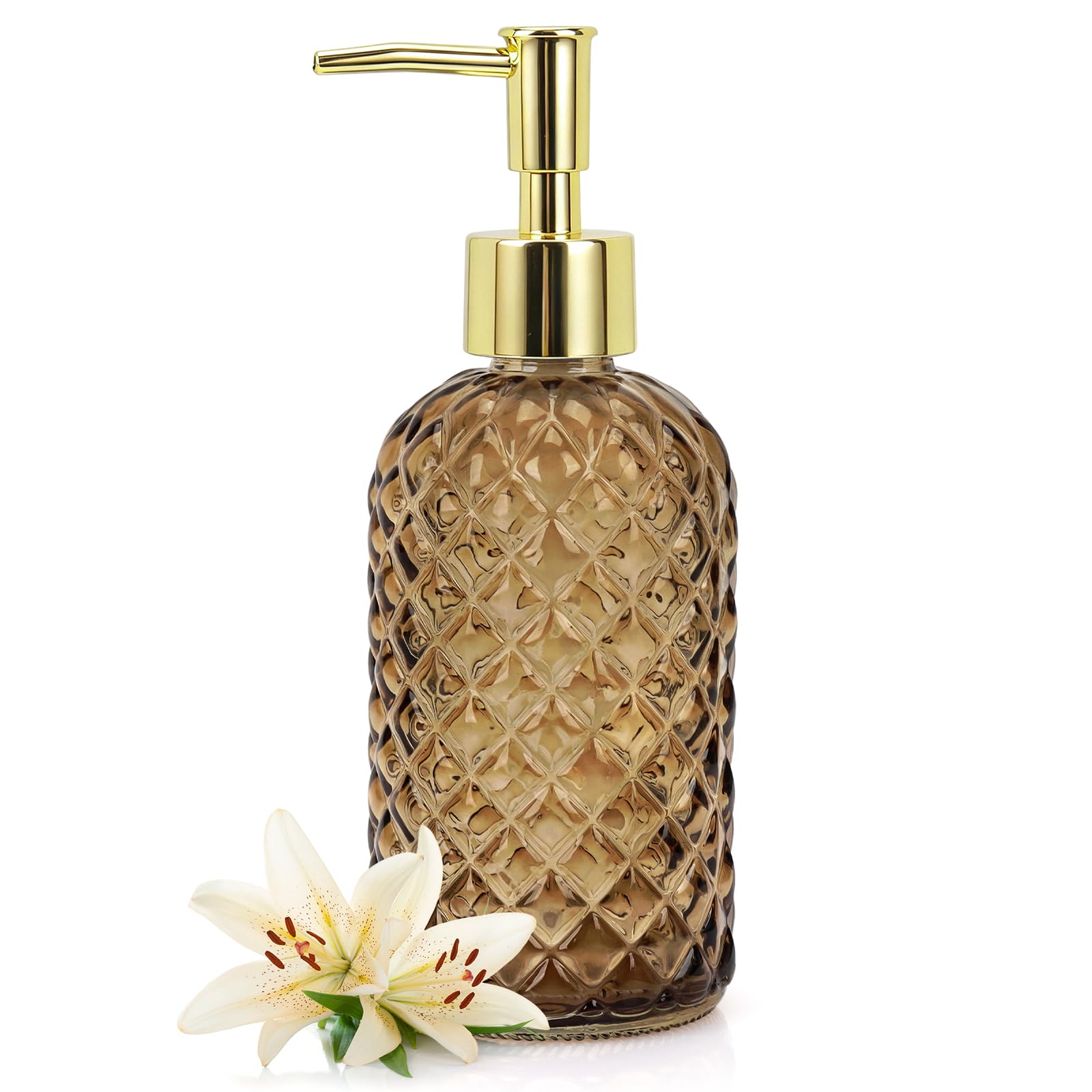 Hebaogugu Glass Amber Soap Dispenser with Plastic Gold Pump 400ml/14oz