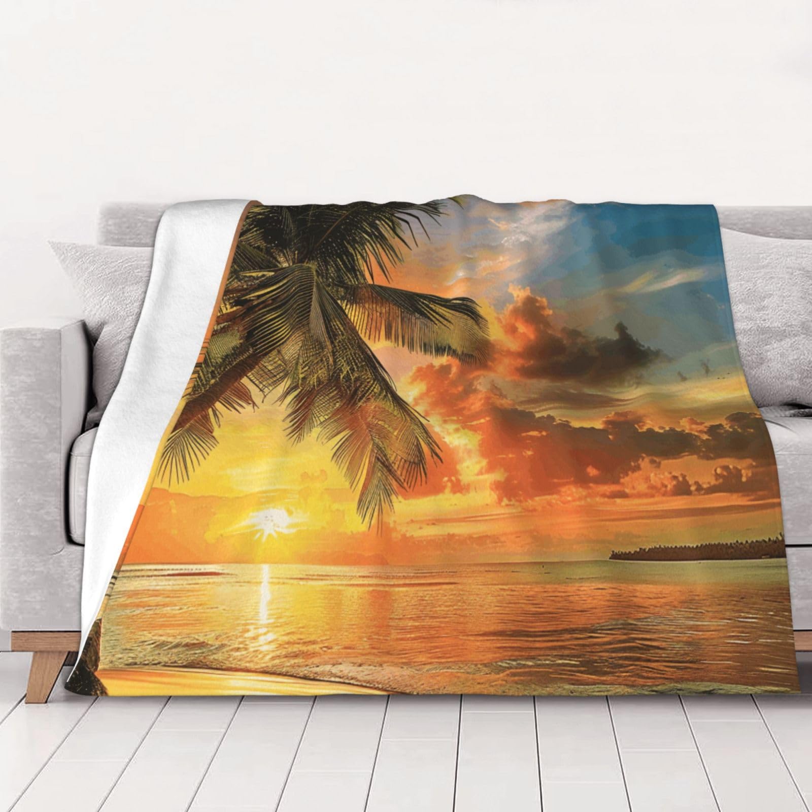 AUBKFELD Tropical Beach Palm Tree Sunset Printed Flannel Blanket 200x150 CM, Soft & Warm Throw Blanket for Sofa/Couch/Bed/Car, Gifts for Audlts Women Men