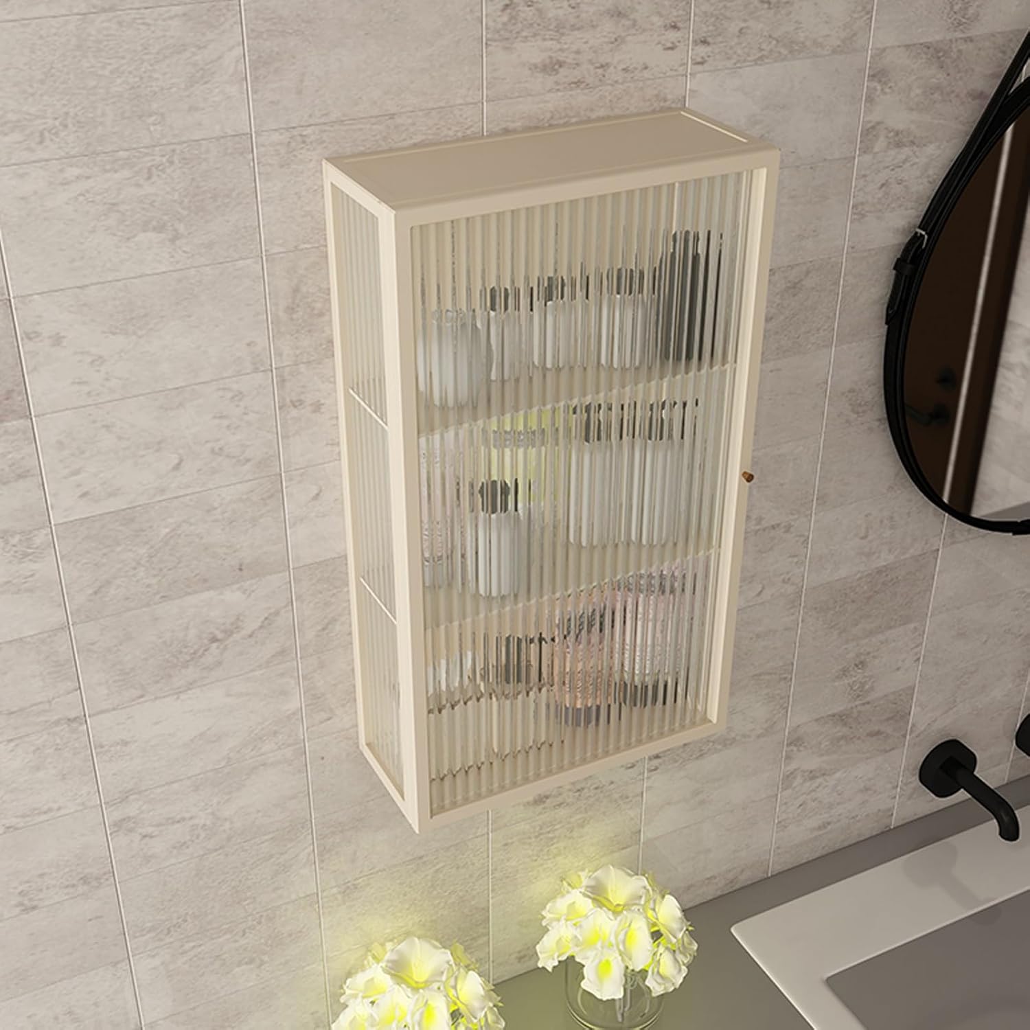 Wall Mounted Metal Medicine Cabinet with Glass Door - 3 Layer Over The Toilet Storage for Bathroom & Kitchen - Stylish Black/Off White Toiletry Organizer - Single/Double Options