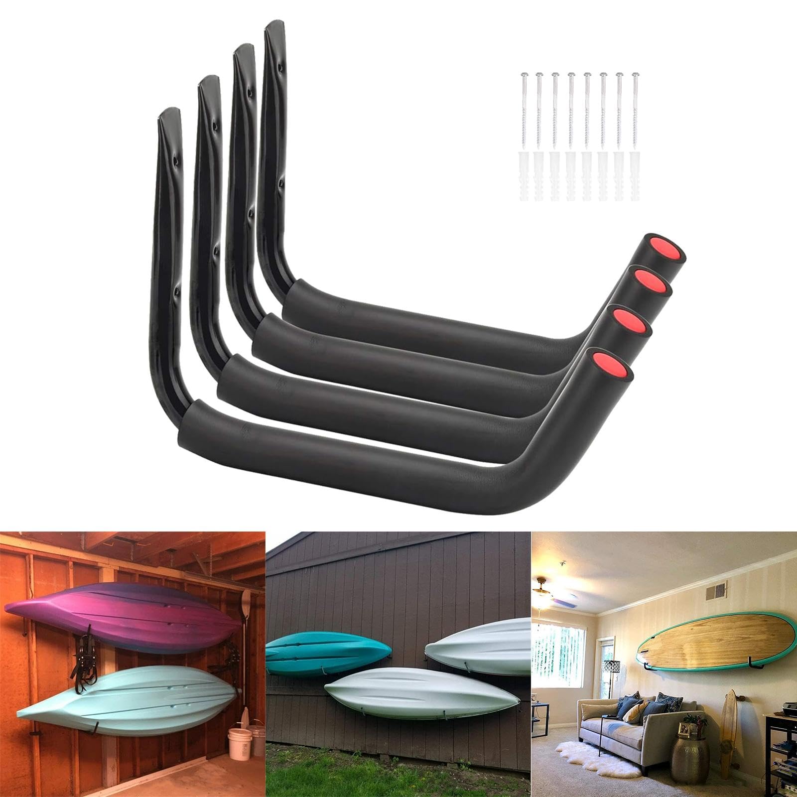 Qianly Kayak Storage Rack Garage Hook Heavy Duty Warehouse Organizer Multipurpose Canoe Hanger Surfboard Hanger for Bicycles Garden, Quantity 4