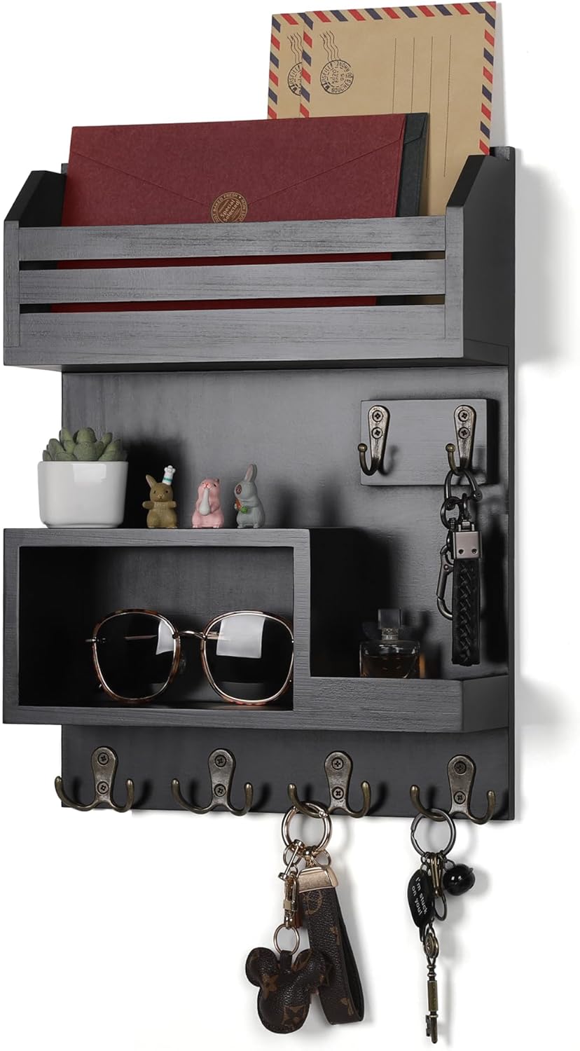 DOPACE Key Holder for Wall, Wall Mounted Mail Organizer with 6 Key Hooks for Sunglasses Storage and Dog Leash Hanger, Black