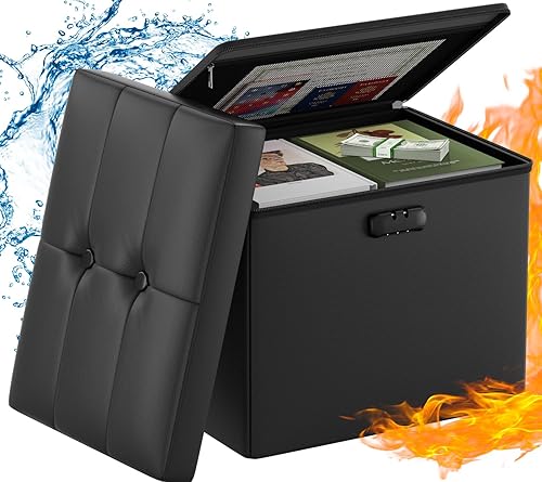 Miniatura 1 de ENGPOW Otomana de almacenamiento con cerradura, taburete otomano plegable ignífugo e impermeable, con almacenamiento seguro para documentos