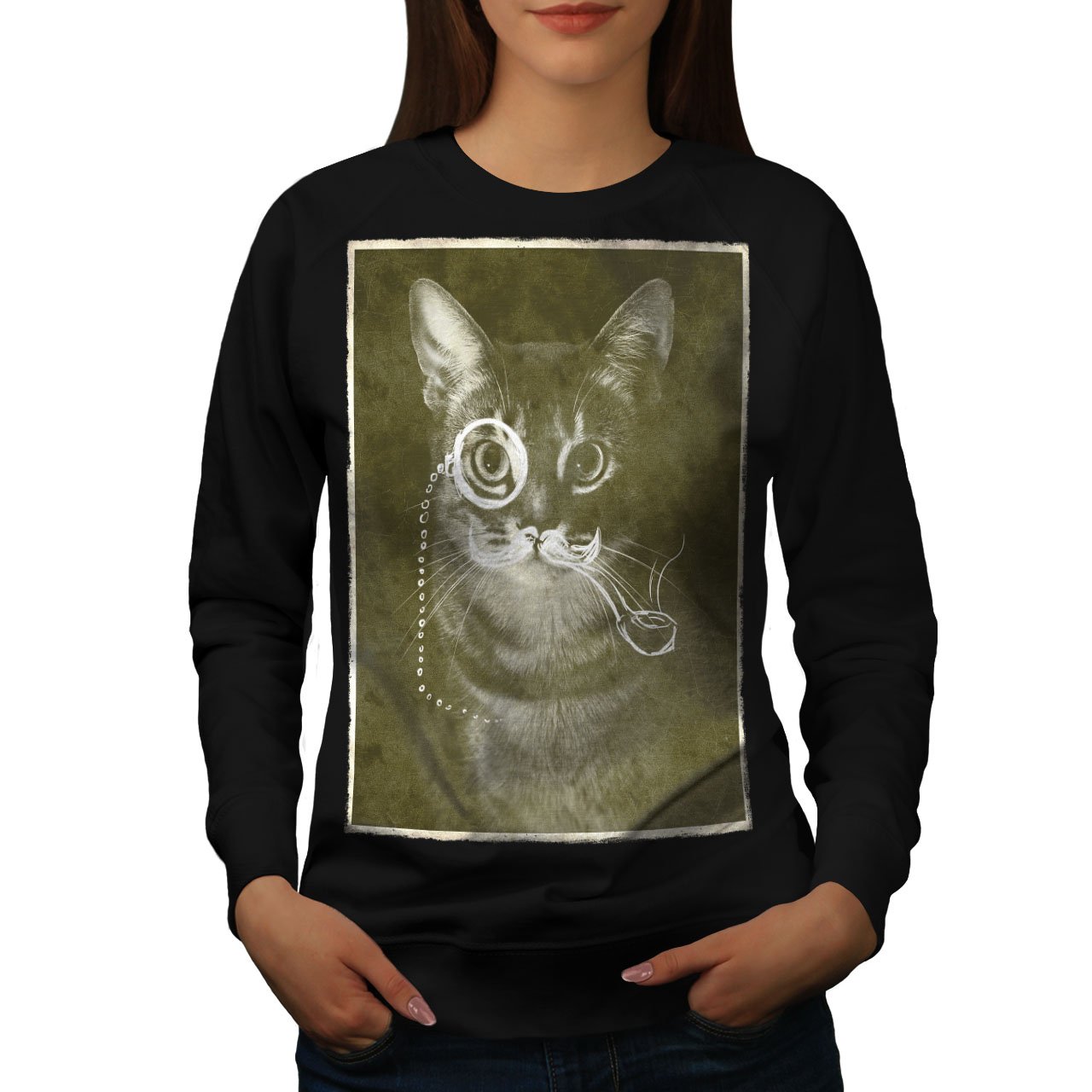 Wellcoda Vintage Cat Photo Funny Womens Sweatshirt, Pet Casual Pullover Jumper