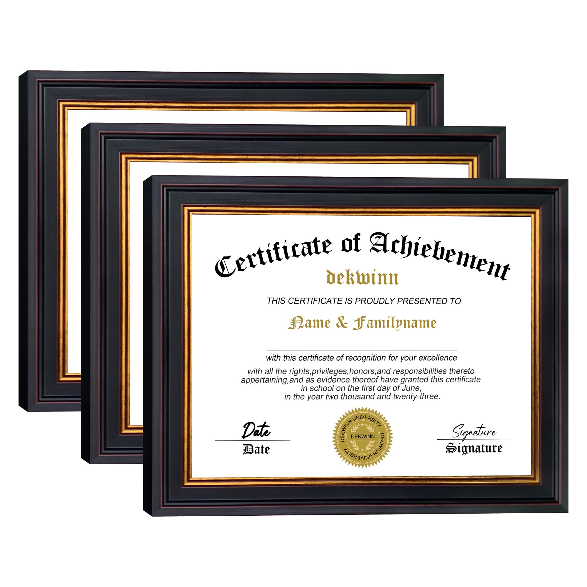 DEKWINN 8.5x11 Diploma Frames Certificate Document Frame Set of 3 with Real Glass, Diploma Frame for Wall Gallery or Tabletop display, Black Gold Molding,Without Mat