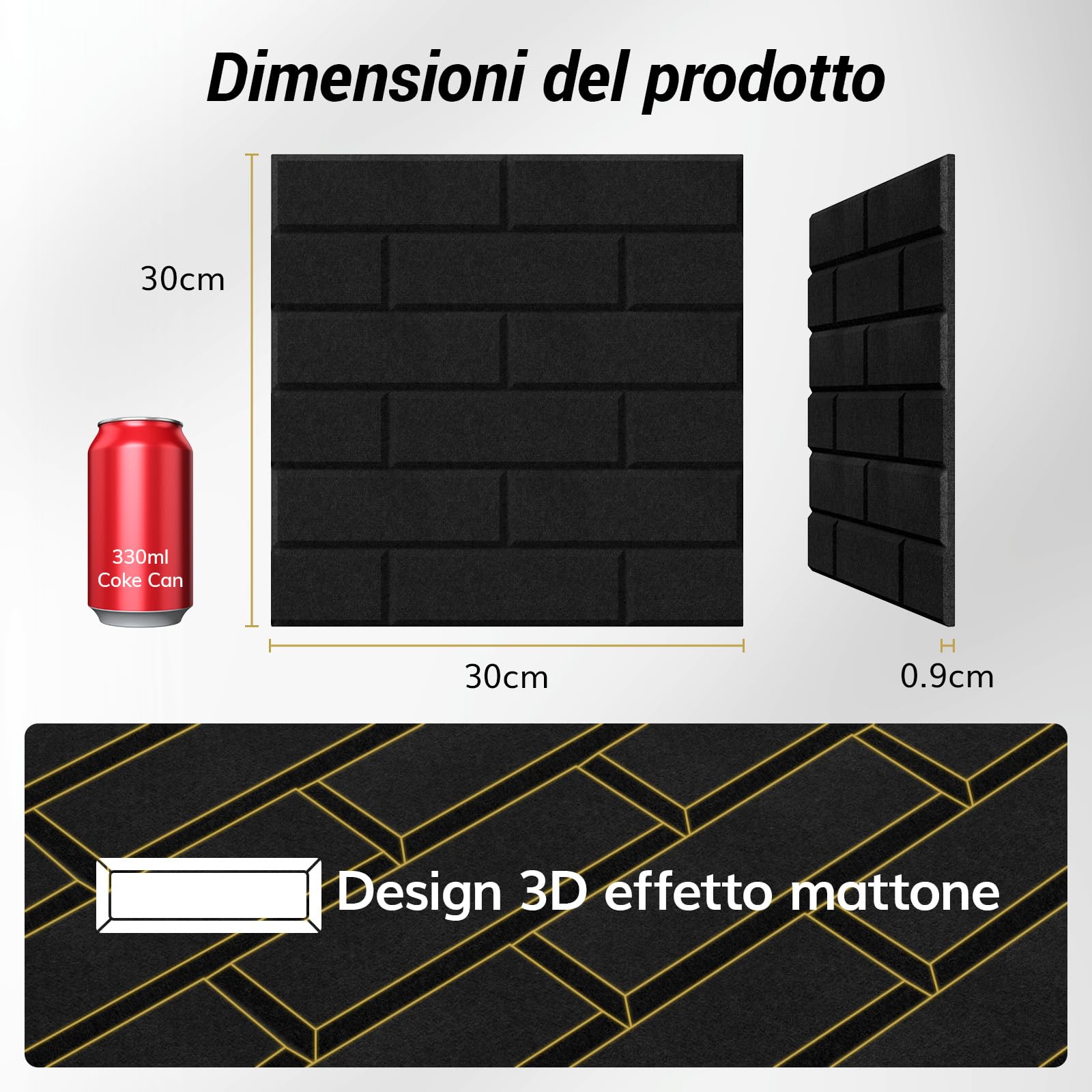 TONOR Set di 18 Pannelli Acustici a Forma di Mattone, 30 x 30 x 0,9 cm Schiuma Acustica Autoadesiva, Pannello Decorativo da Parete per Salotti, Camere da Letto e Uffici, Nero